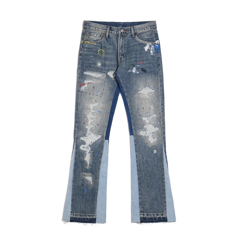 Washed Paint Splatter Flared Jeans